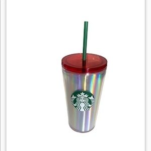 STARBUCKS holiday 2020 holographic red top green straw 16 oz cold cup tumbler